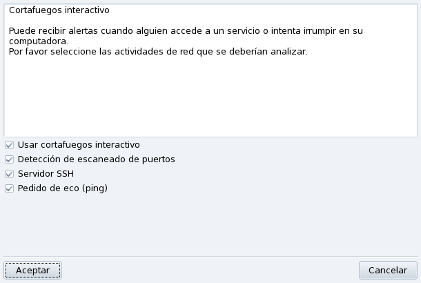 Opciones del cortafuegos interactivo