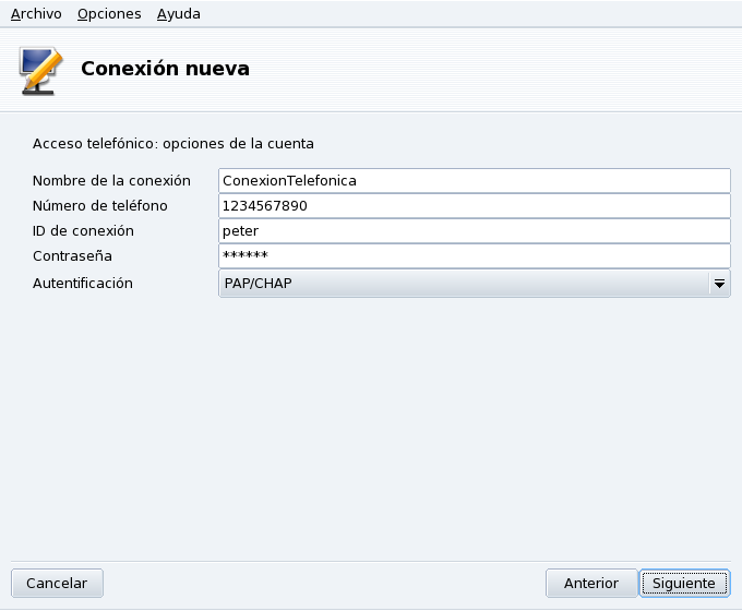 Ajustando los parámetros de conexión telefónica