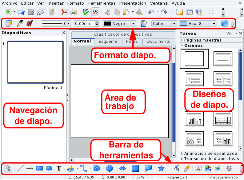 La ventana principal de OpenOffice.org Impress