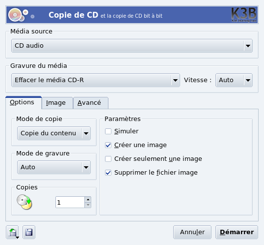 Réglage des options pour copier un CD