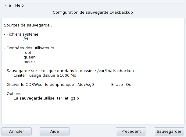 Configuration de sauvegarde